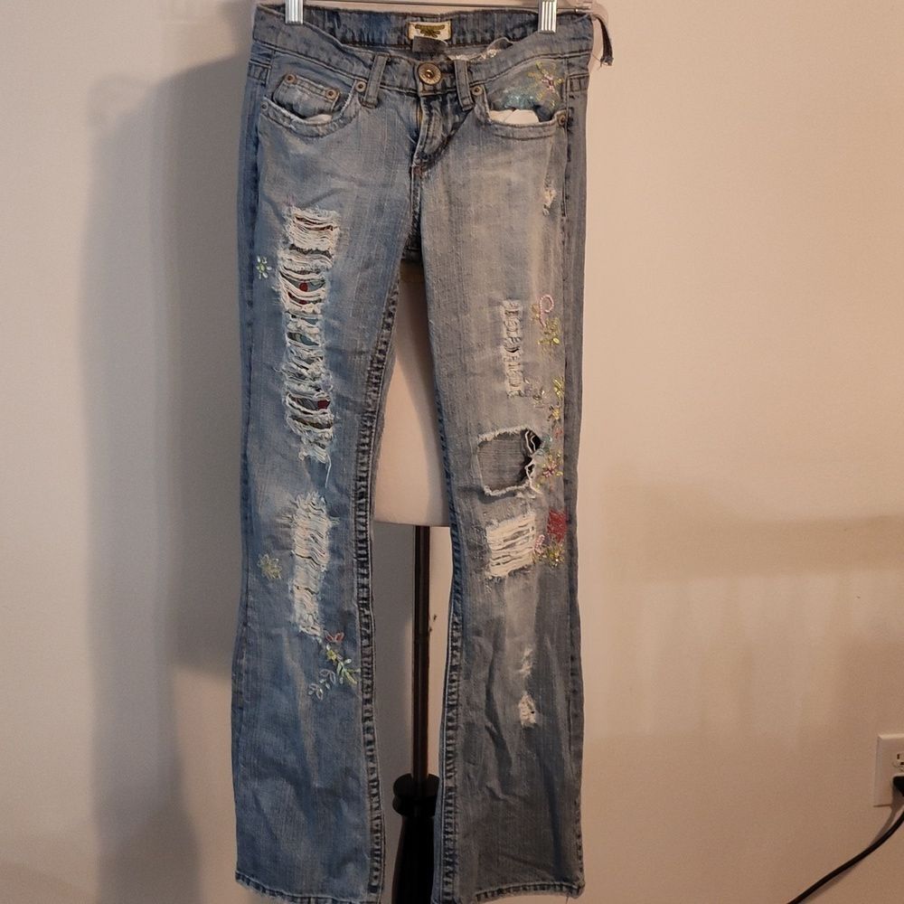 Vintage Department of Peace  Low Rise Y2K distressed beaded patchwork   00s